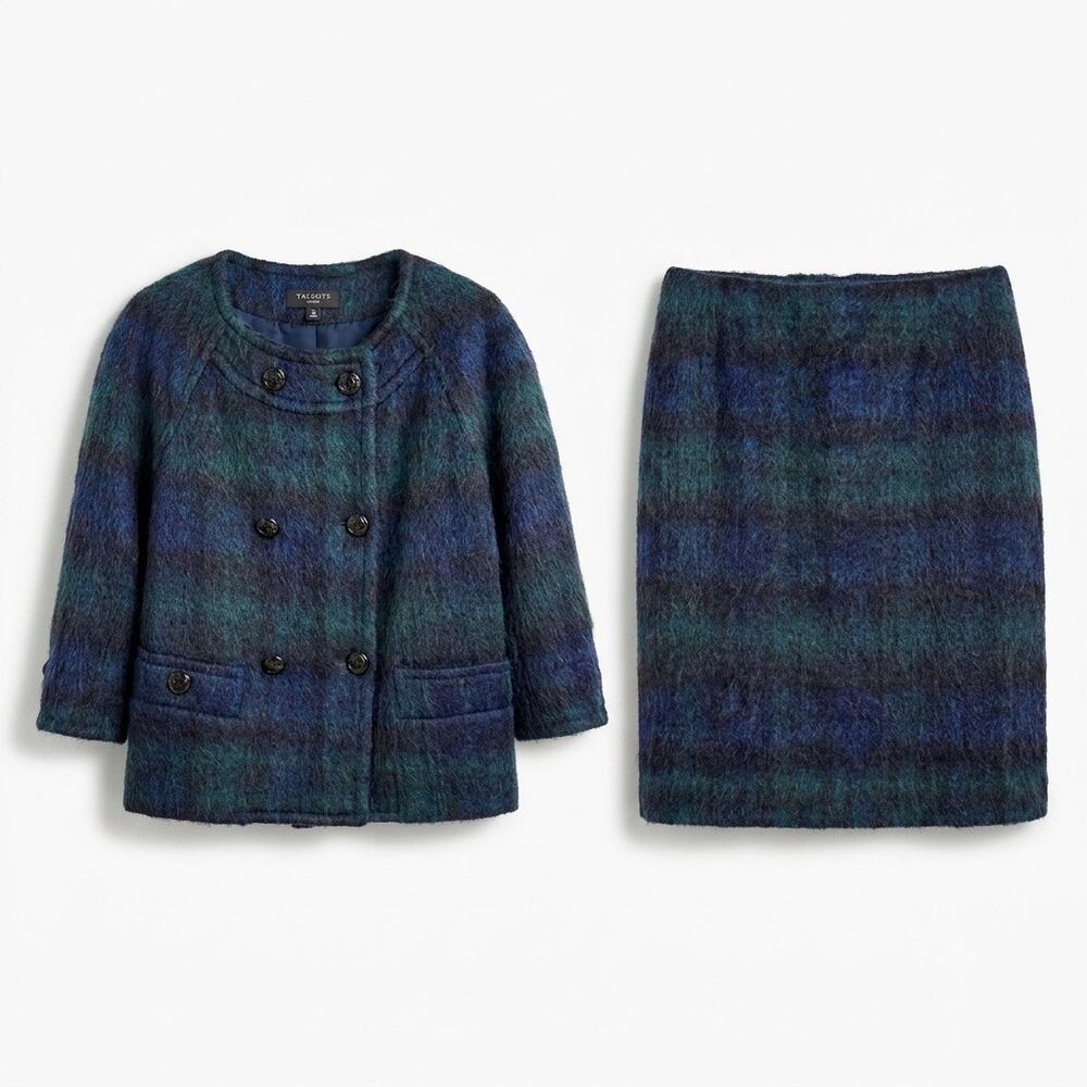 Talbots Wool Alpaca Mohair Fur Skirt Suit Blackwatch Plaid Womens 6P Jacket 10